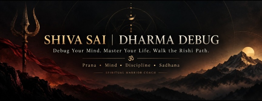 Trishula wrapped in red cloth before Himalayan peaks at dawn — Shiva Sai | Dharma Debug, Debug Your Mind. Master Your Life. Walk the Rishi Path.